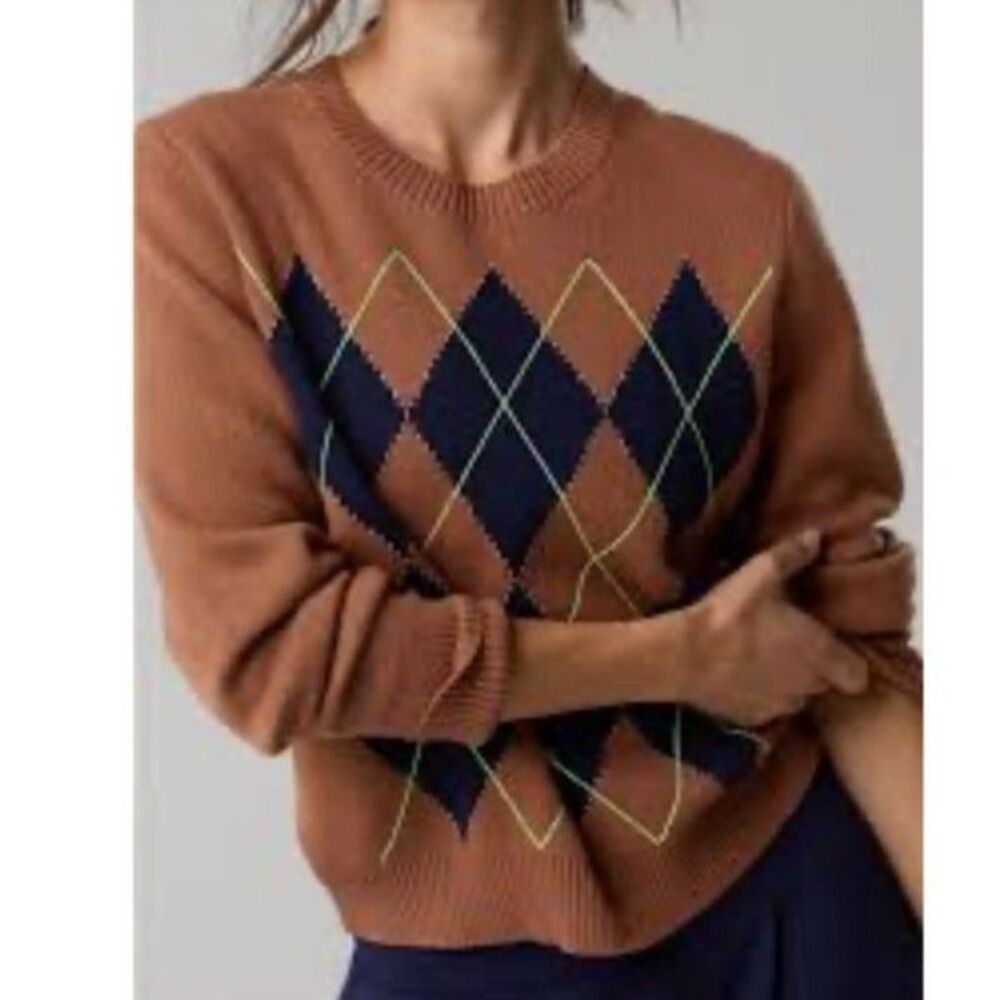 Offline Aerie Women's NWOT Brown Navy Lime Argyle LS Crewneck Sweater Size M